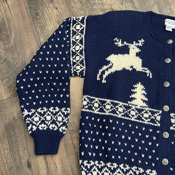 VINTAGE Cardigan Hand Knit “One of a Kind” Wool Sweater Navy Blue Size Large - Picture 4 of 11